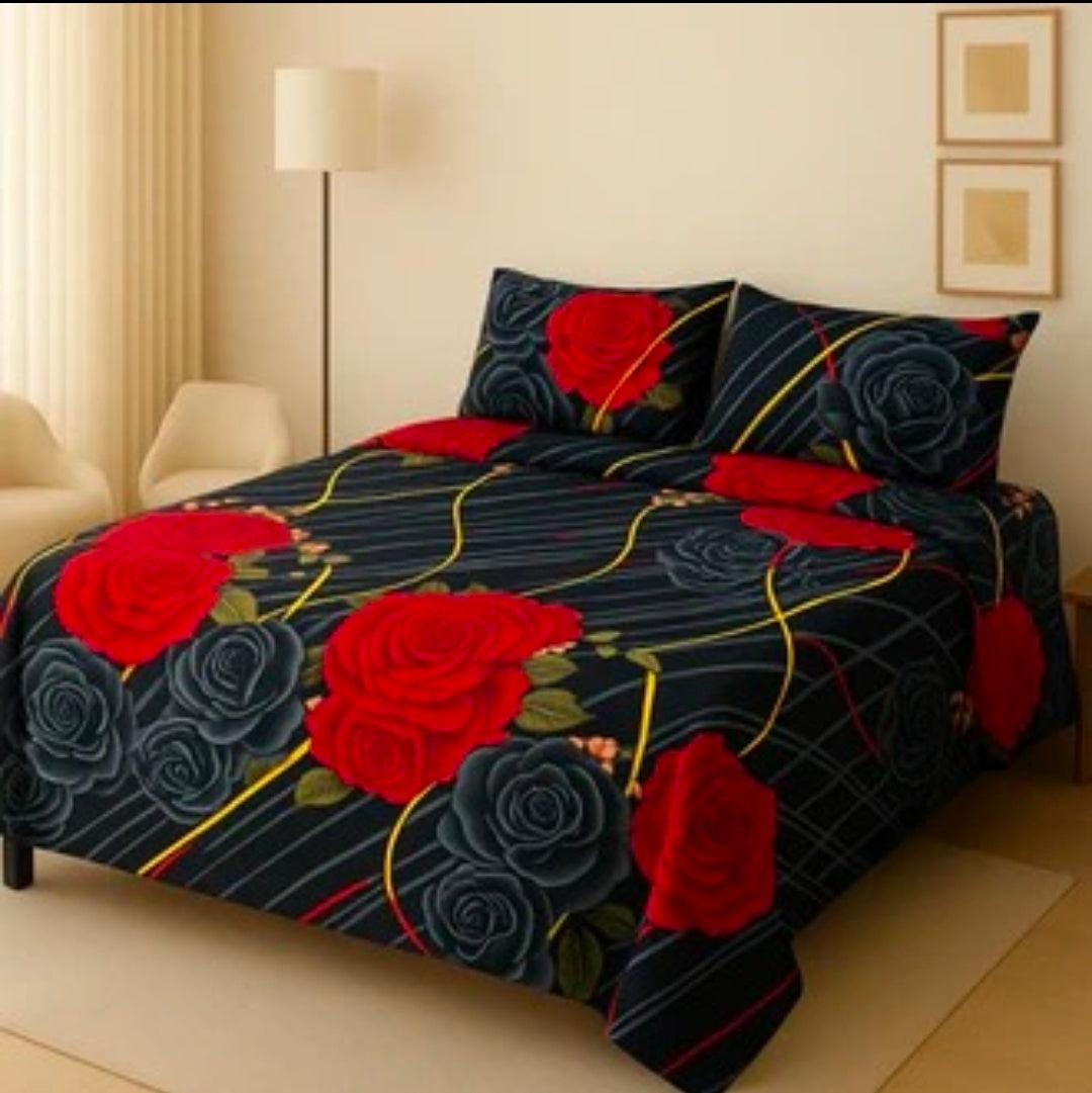 Black Big Rose 3D Crystal Cotton Plus Bedsheet AYCP-001020