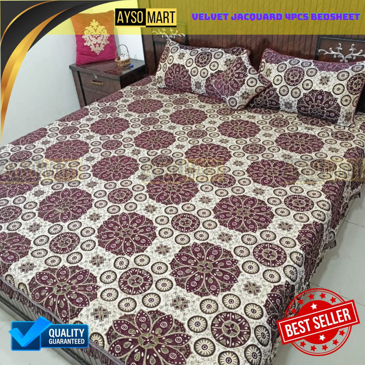 Velvet Jacquard 4pcs King Size Bedsheet Set Circles