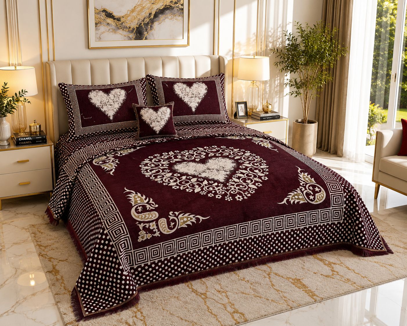 Sweetheart Luxury 4pcs Velvet Jacquard Bedsheet Set Meroon