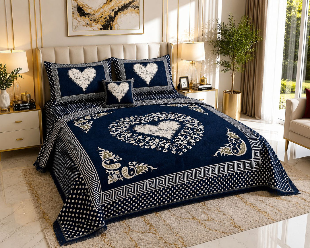 Sweetheart Luxury 4pcs Velvet Jacquard Bedsheet Set Blue