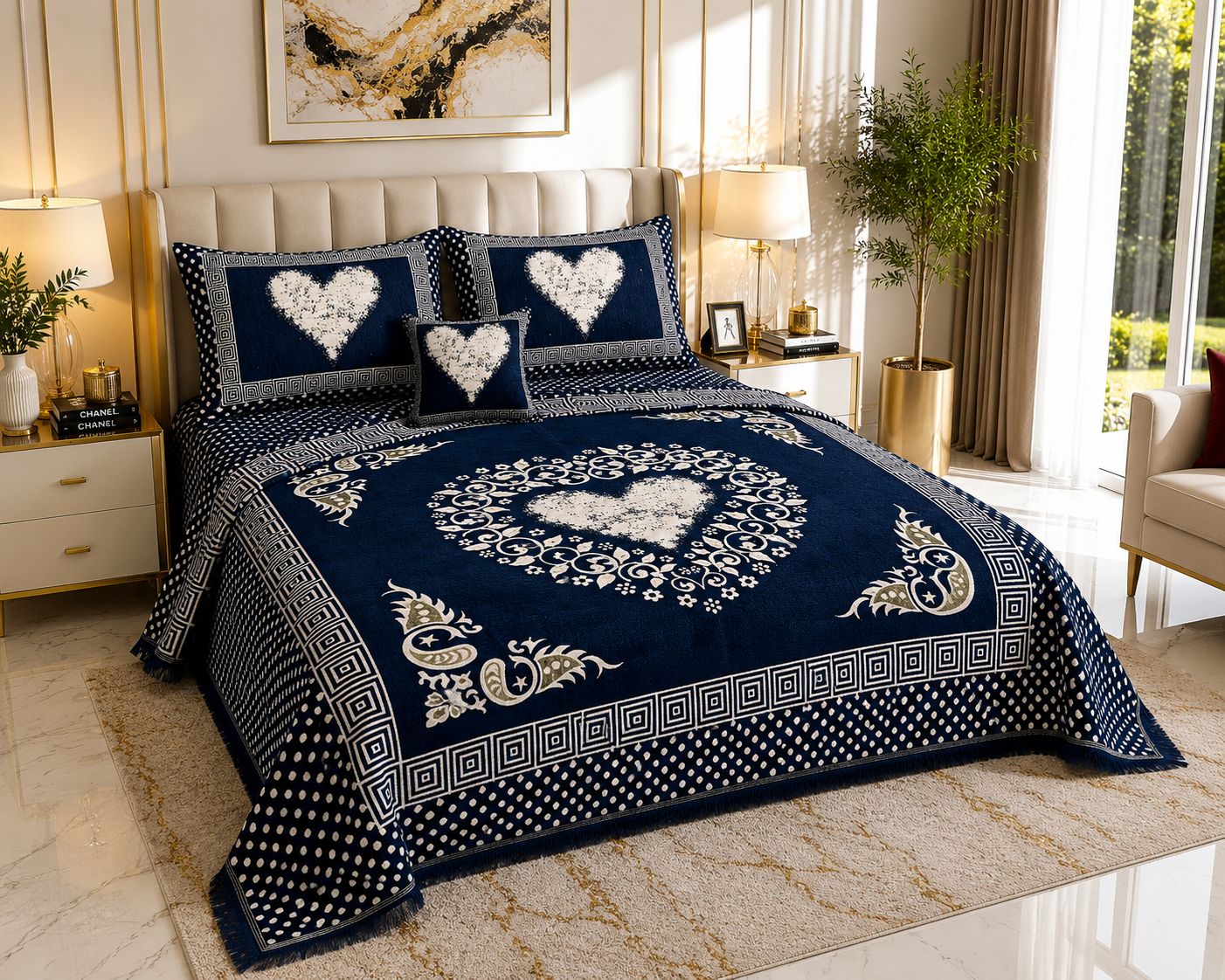 Sweetheart Luxury 4pcs Velvet Jacquard Bedsheet Set Blue