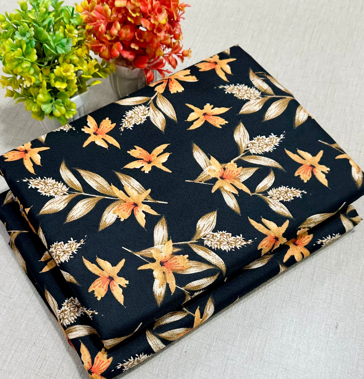 Summer Cotton All over 2pcs Premium Suit Black Gold petals