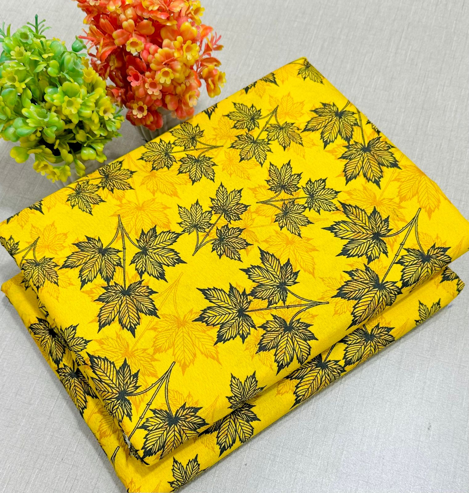 Summer Cotton All over 2pcs Premium Suit Yellow Tran Black Floral