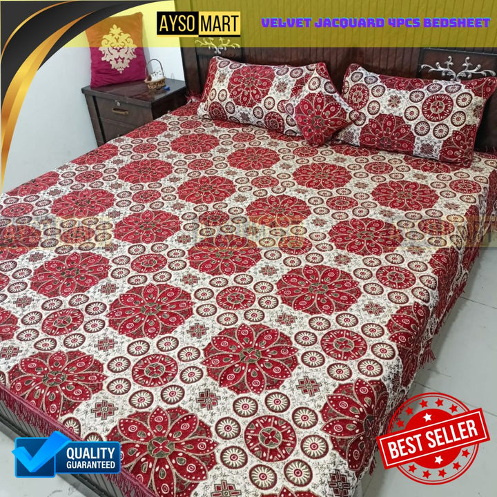 Velvet Jacquard 4pcs King Size Bedsheet Set Circles