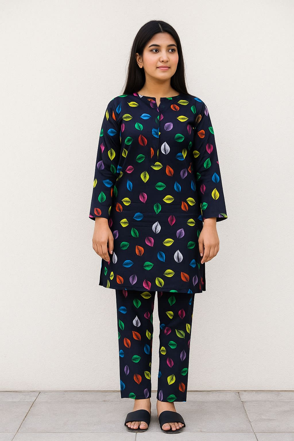Micro Polo Cotton 2pcs Suit Black Multi Leaf