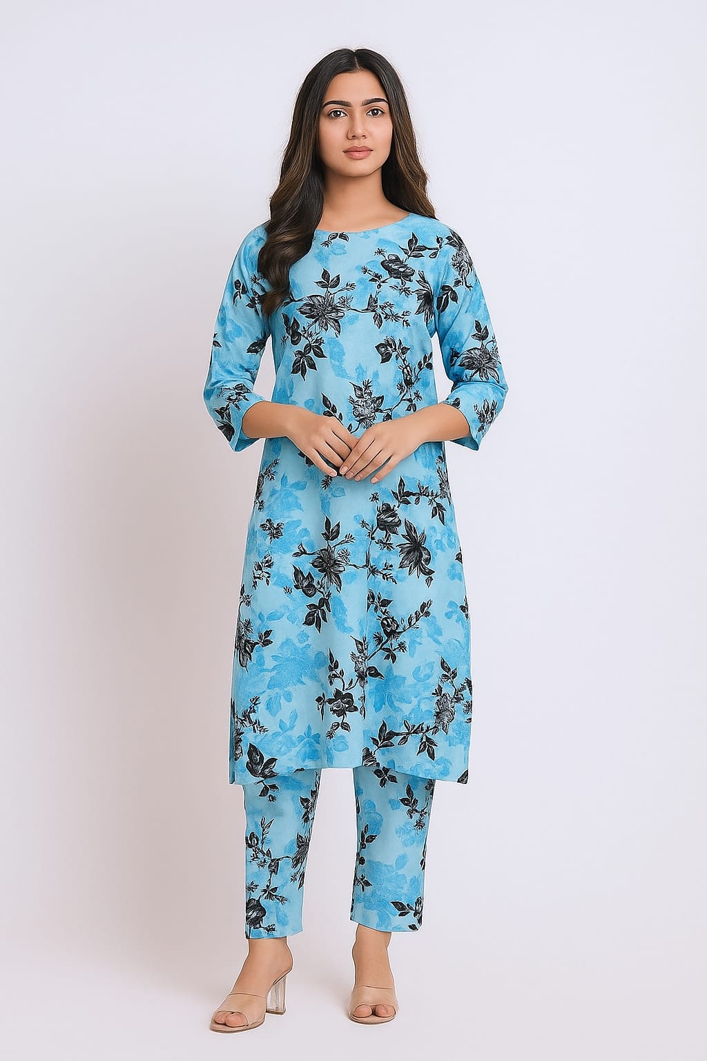 Micro Polo Cotton 2pcs Suit Sky Blue black Big Rose