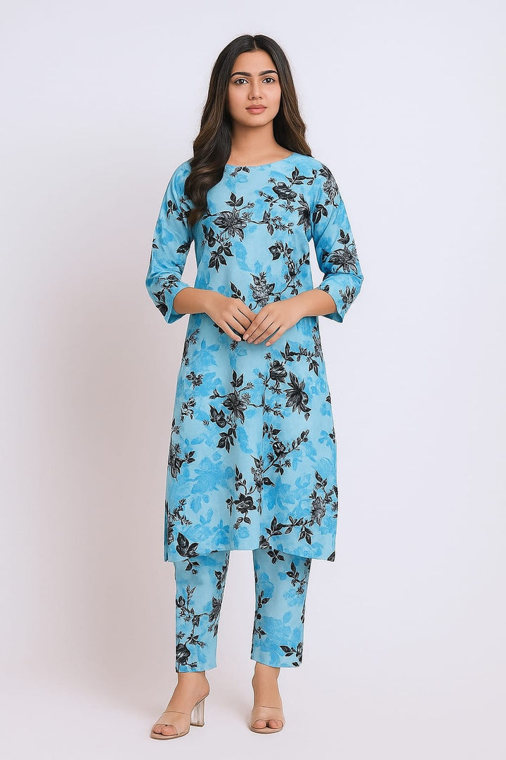 Micro Polo Cotton 2pcs Suit Sky Blue black Big Rose