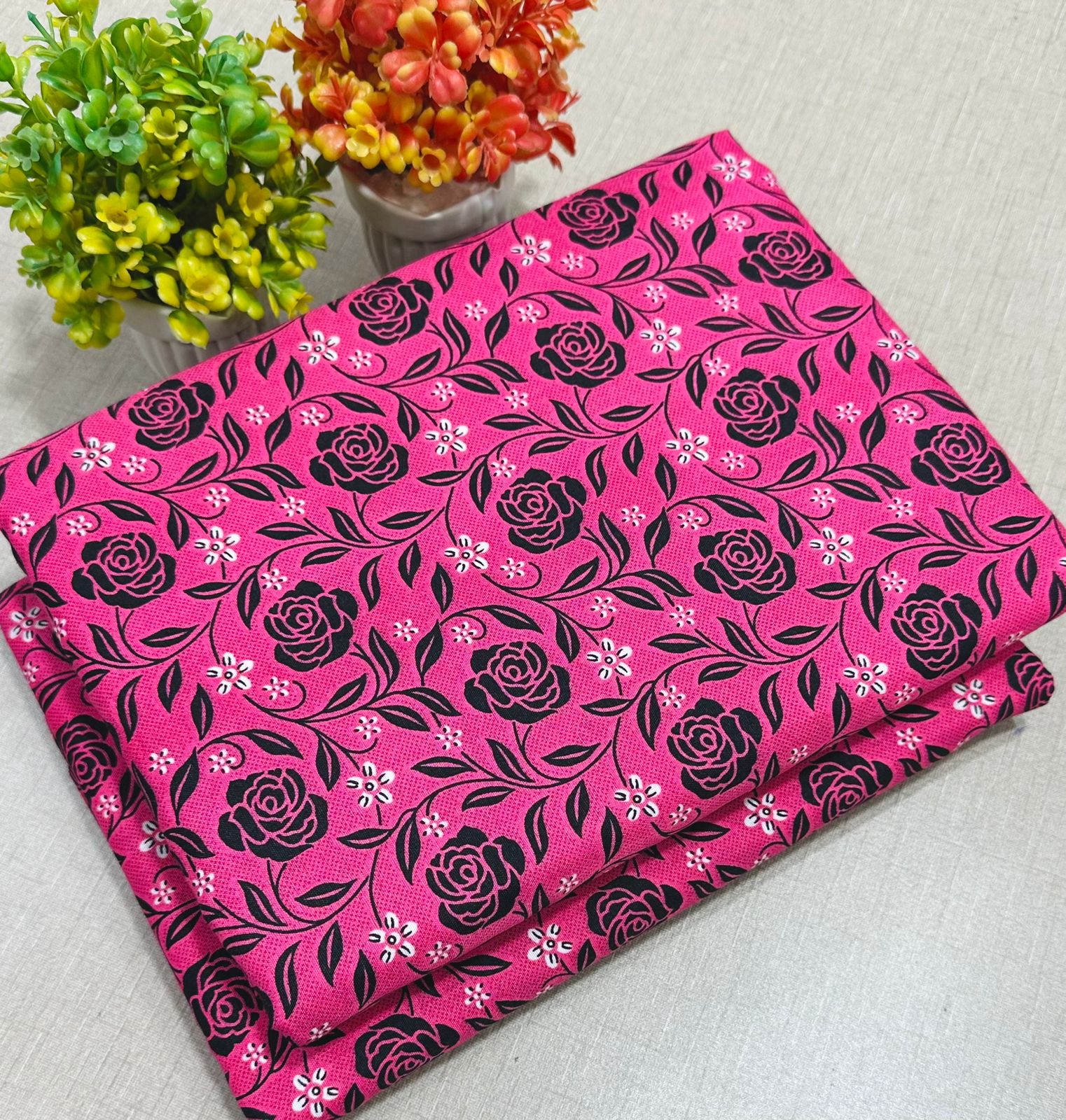 Summer Cotton All over 2pcs Premium Suit Pink Black Roses Tran