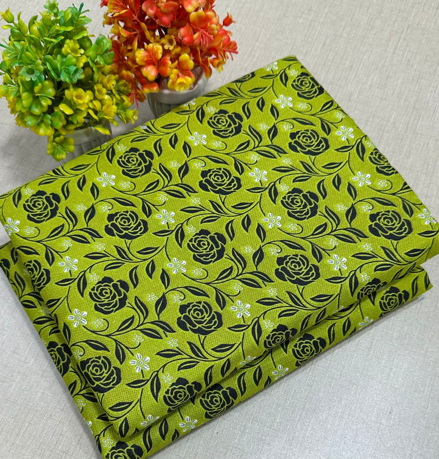 Summer Cotton All over 2pcs Premium Suit Green Black Roses Tran