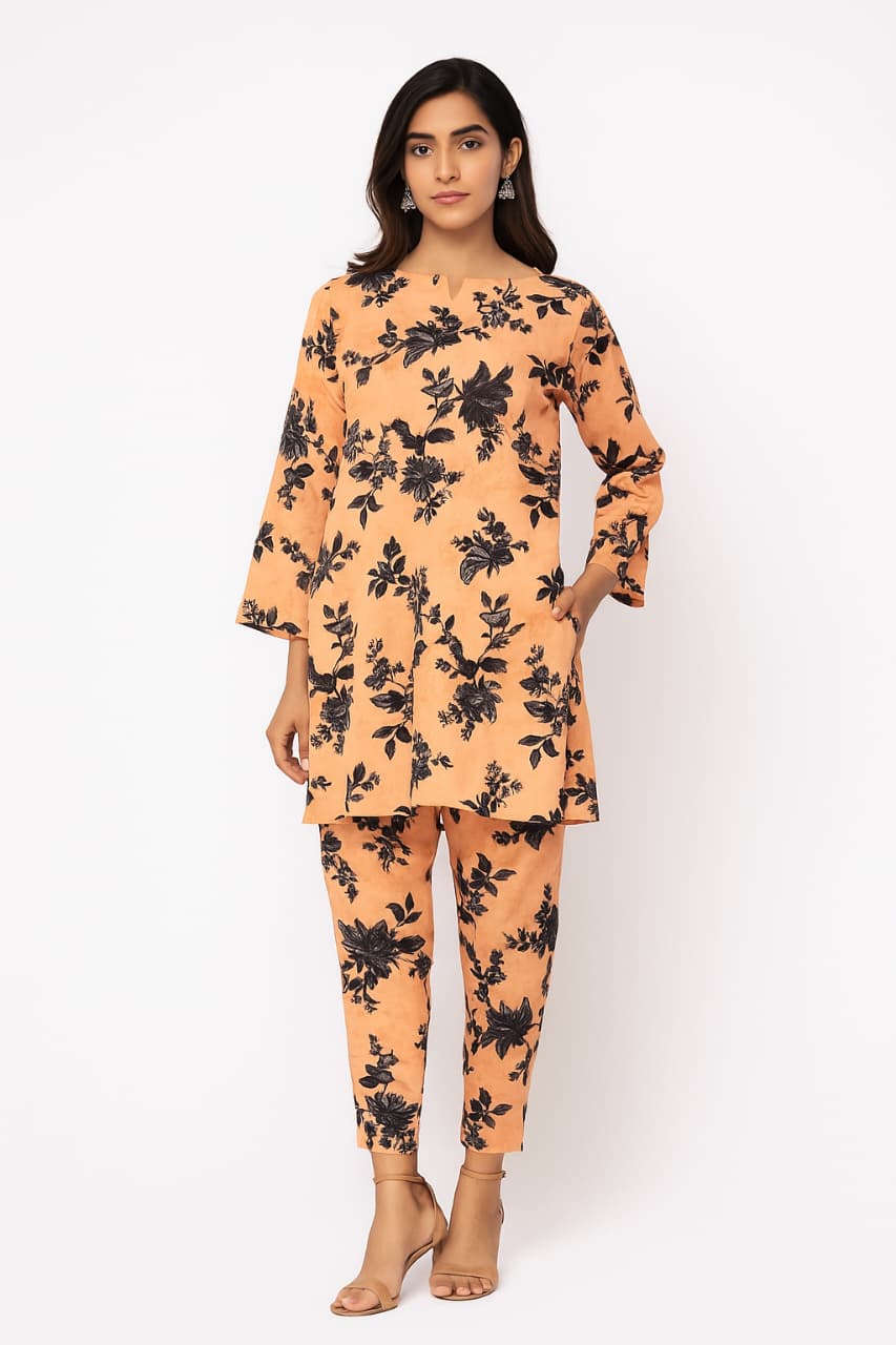 Micro Polo Cotton 2pcs Suit Peach Midnight Bloom