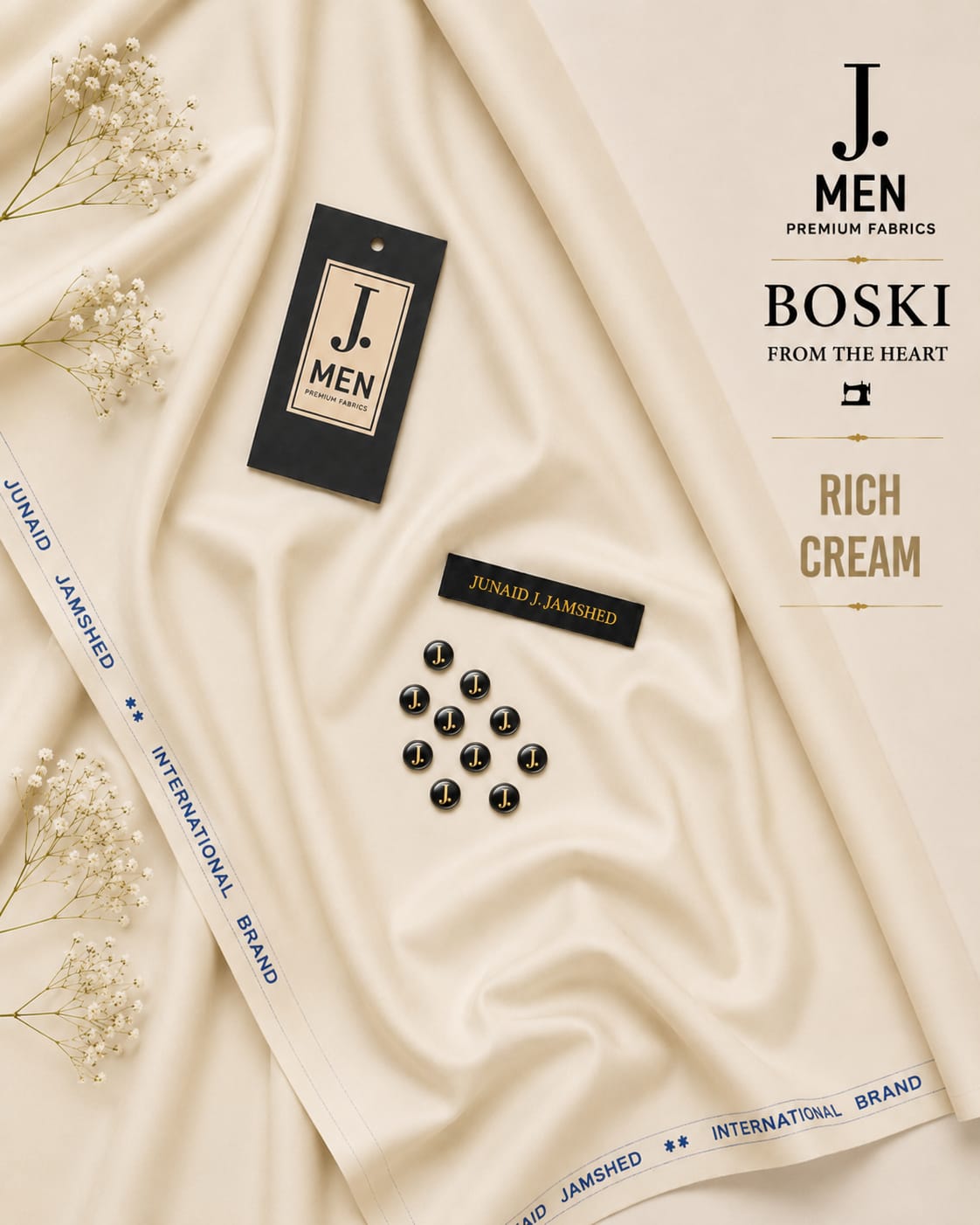 J. Junaid Jamshaid Online Premium Wash & Wear Boski Suiting For Men Rich Cream