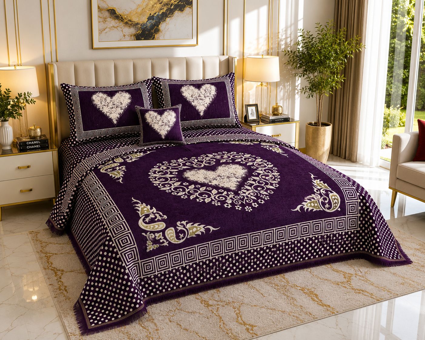 Sweetheart Luxury 4pcs Velvet Jacquard Bedsheet Set Purple