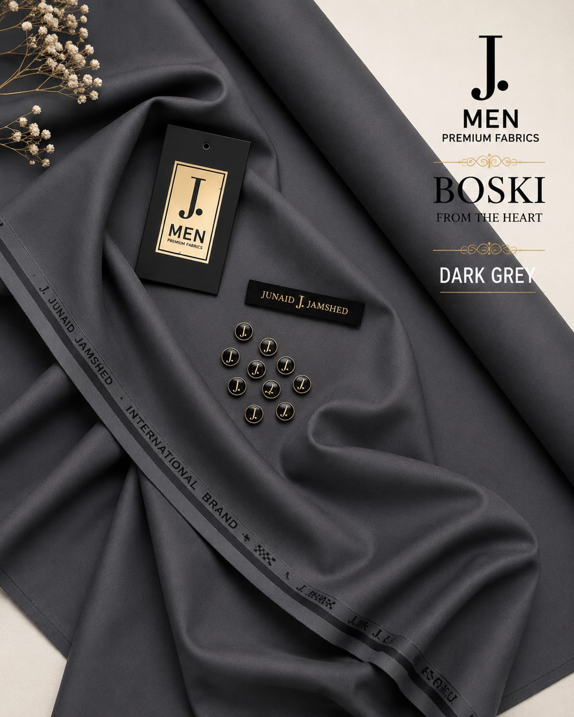 J. Junaid Jamshaid Online Premium Wash & Wear Boski Suiting For Men Dark Grey