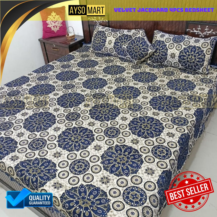 Velvet Jacquard 4pcs King Size Bedsheet Set Circles