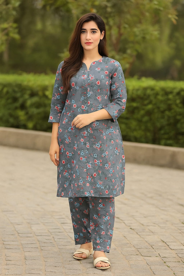 Micro Polo Cotton 2pcs Suit Grey Roud Flrl