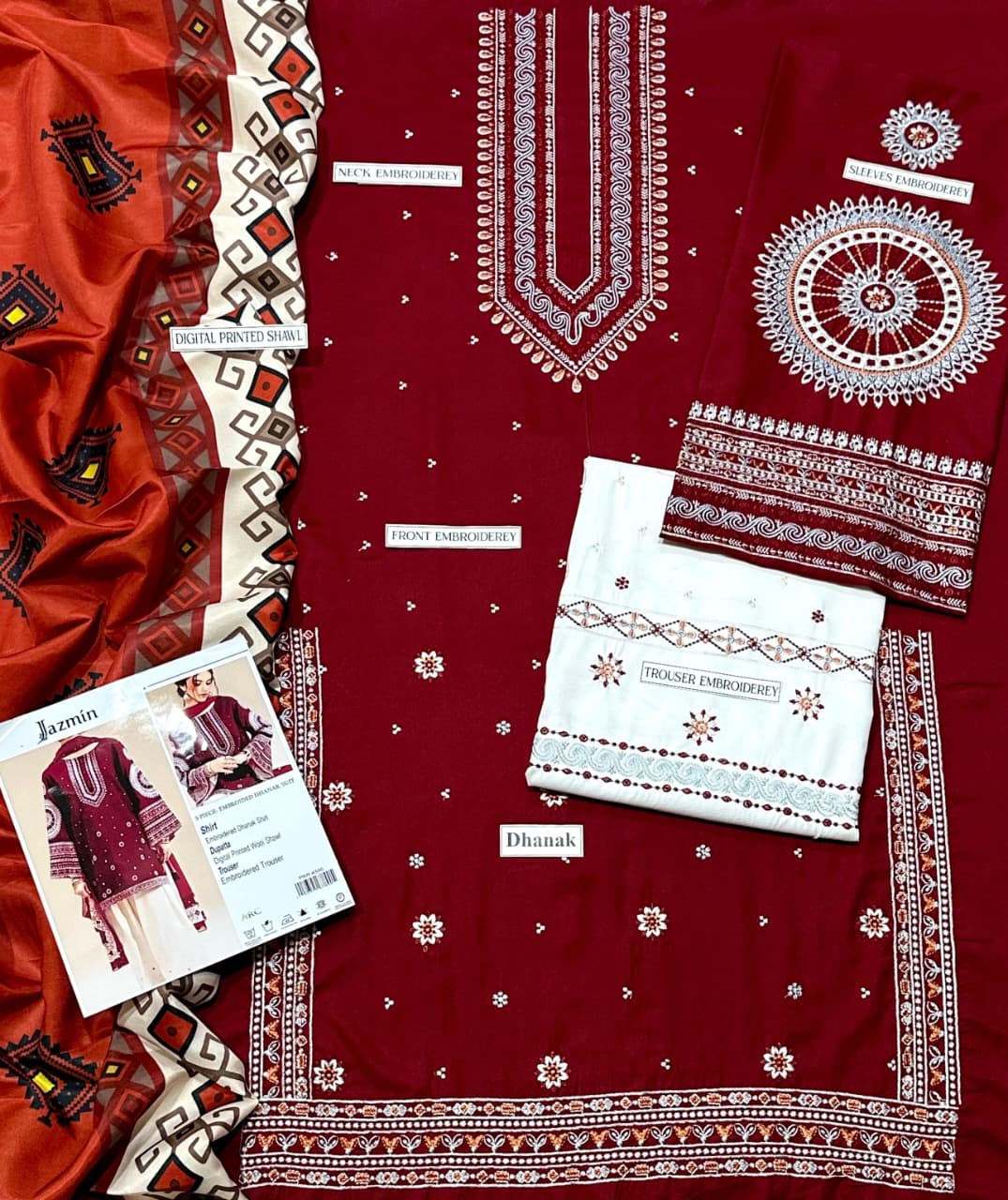 Jazmin Dhanak Embroidered 3Pcs Luxury Collection Red