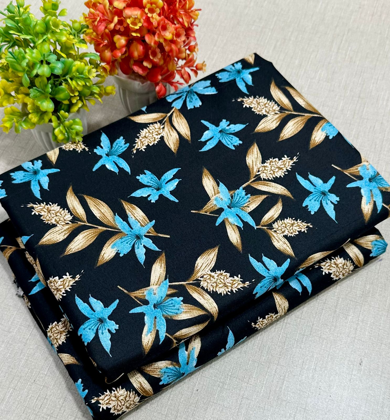 Summer Cotton All over 2pcs Premium Suit Black Sky Gold petals