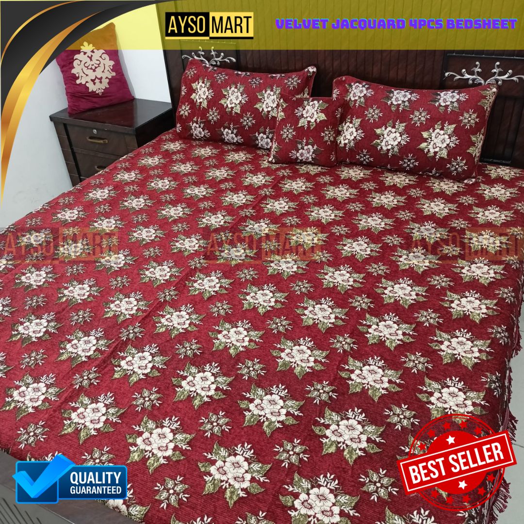 Velvet Jacquard 4pcs King Size Bedsheet Set Star Flower