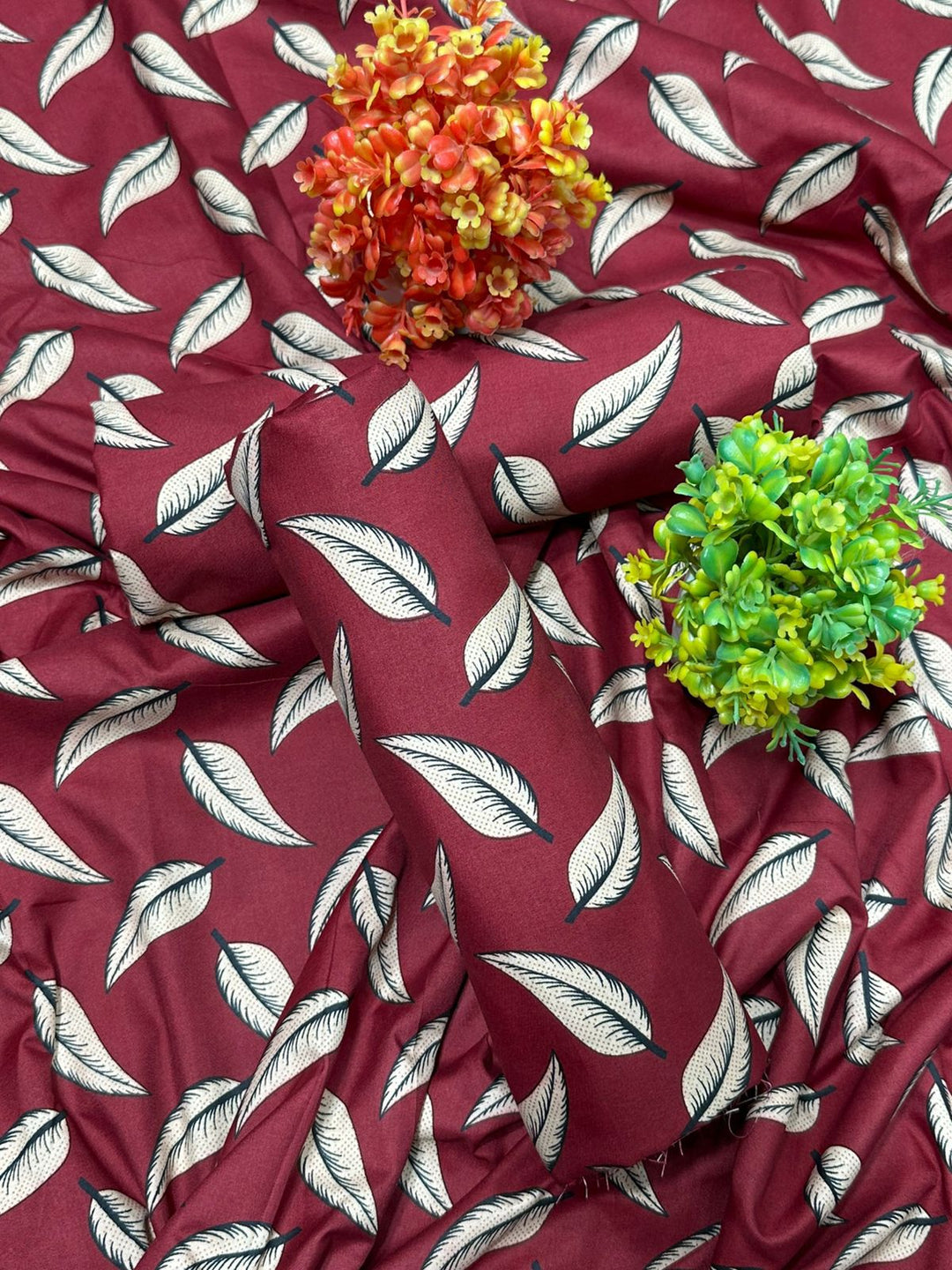 Micro Polo Cotton 2pcs Suit Meroon White leafs