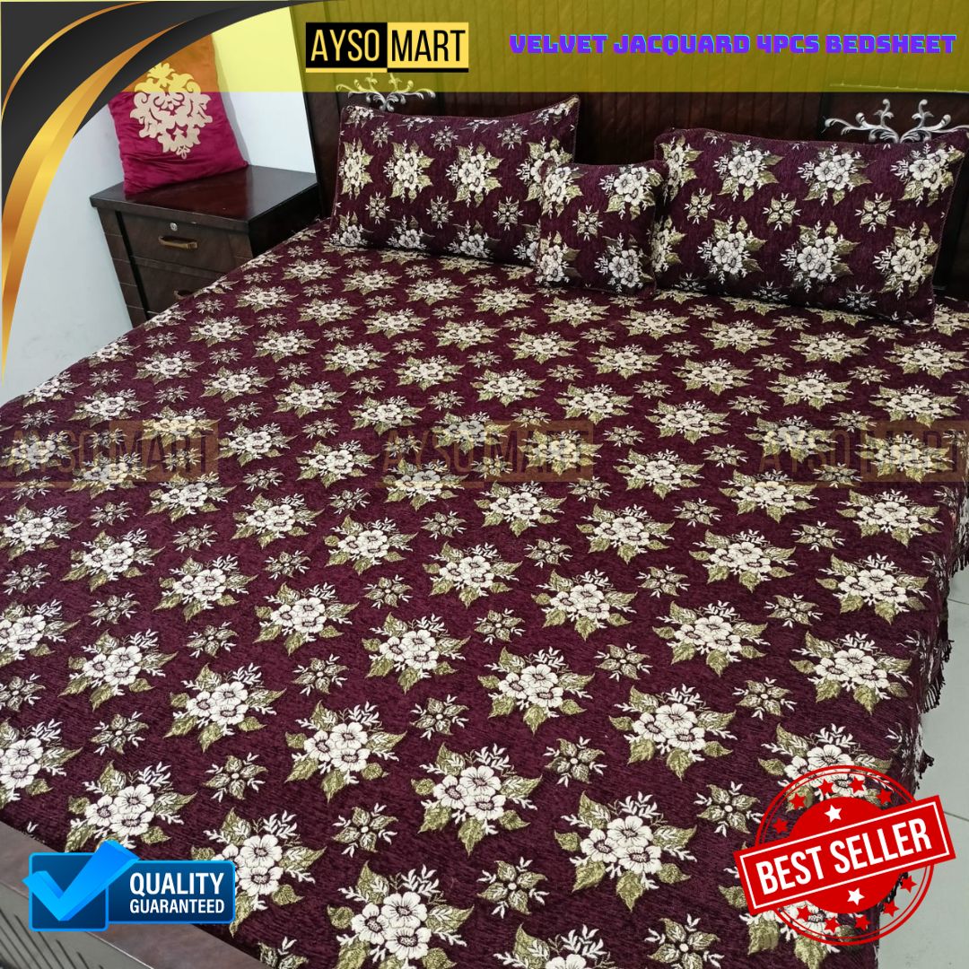 Velvet Jacquard 4pcs King Size Bedsheet Set Star Flower