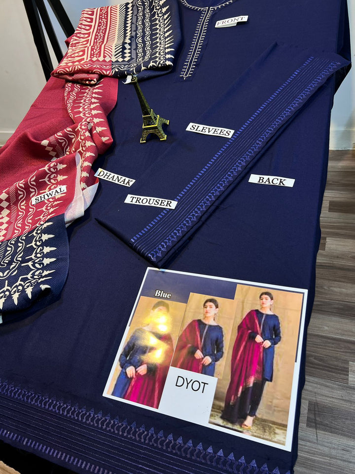 DYOT Dhank 3pcs Blue Suit with Wool Shawl