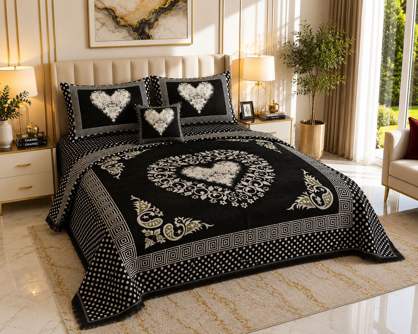 Sweetheart Luxury 4pcs Velvet Jacquard Bedsheet Set Black