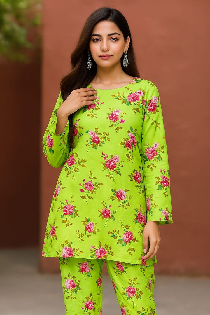 Micro Polo Cotton 2pcs Suit Green Pink Floral