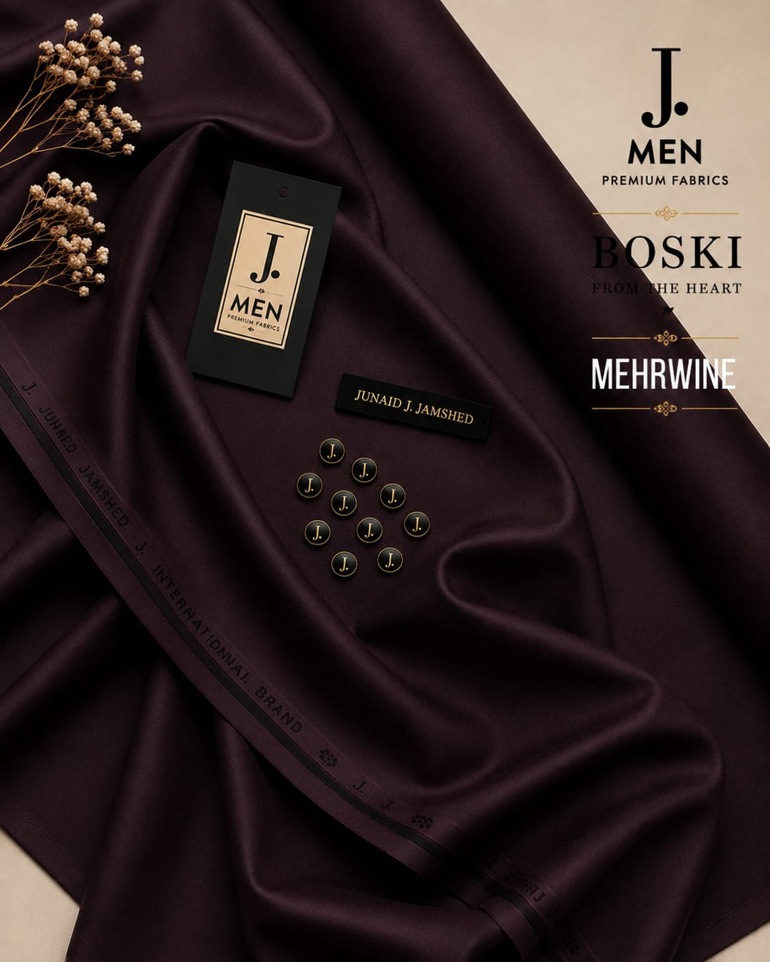 J. Junaid Jamshaid Online Premium Wash & Wear Boski Suiting For Men Mehrwine
