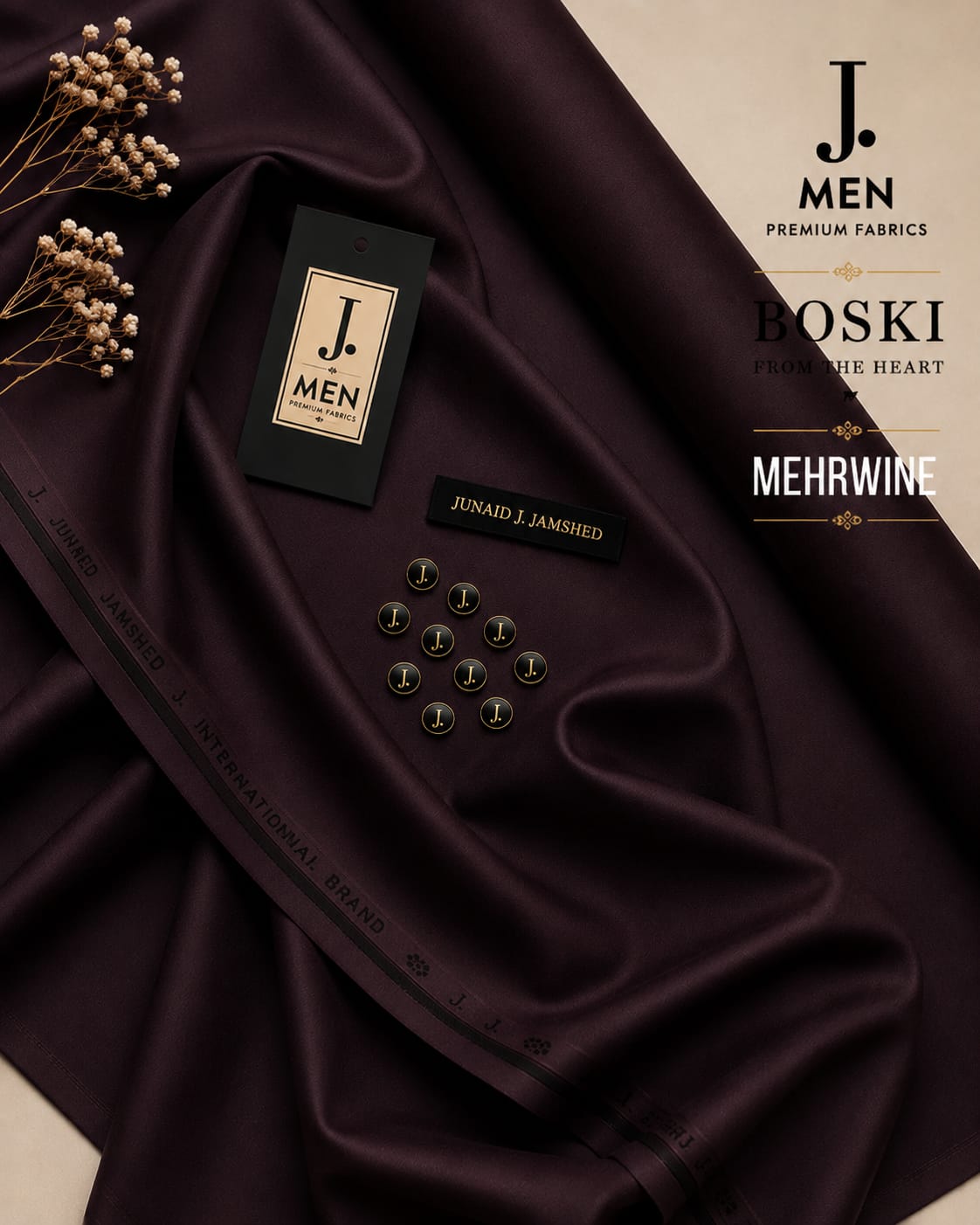 J. Junaid Jamshaid Online Premium Wash & Wear Boski Suiting For Men Mehrwine
