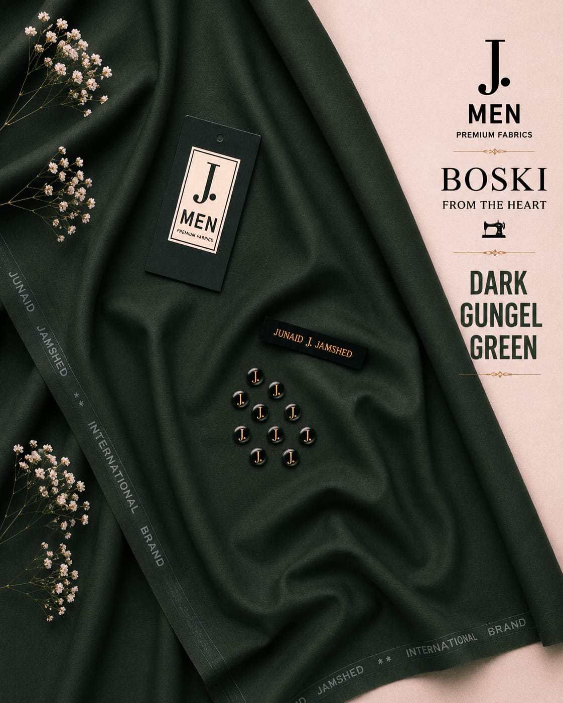 J. Junaid Jamshaid Online Premium Wash & Wear Boski Suiting For Men Dark Gungel Green