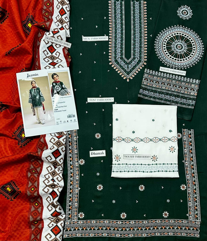 Jazmin Dhanak Embroidered 3Pcs Luxury Collection Green