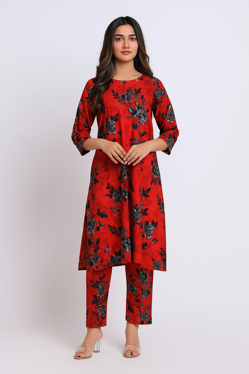 Micro Polo Cotton 2pcs Suit Red Black Big Rose