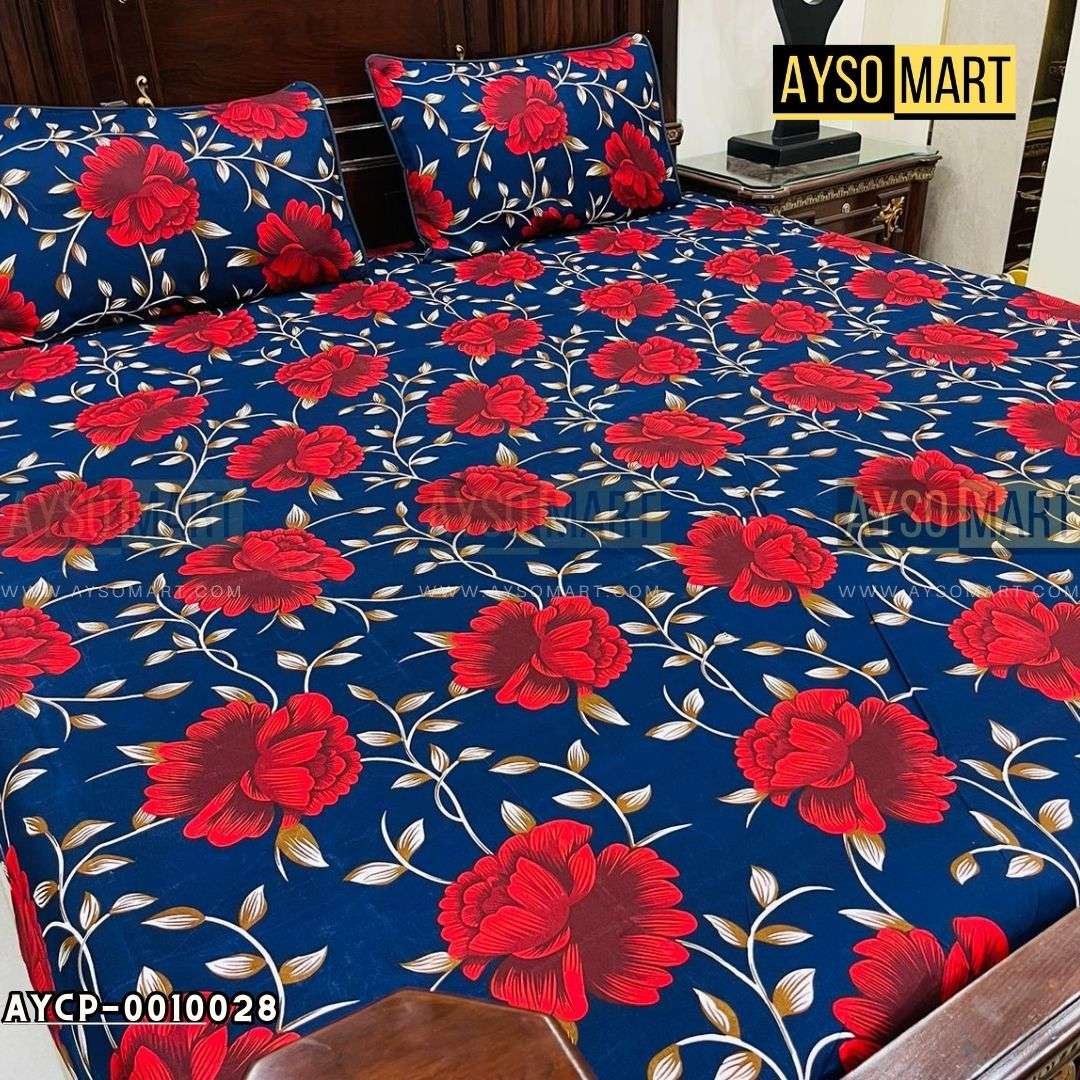 Blue Red Rose 3D Crystal Cotton Plus Bedsheet AYCP-001028