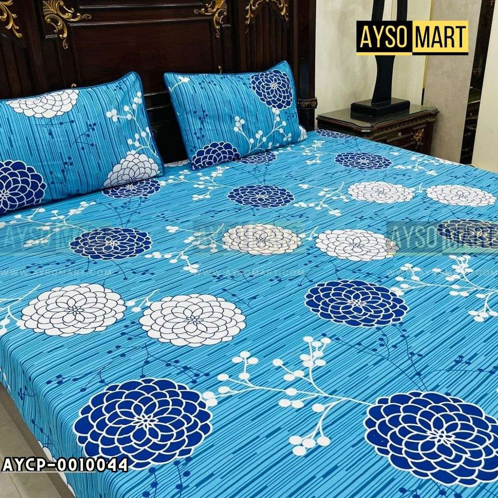 Blue Round Rose 3D Crystal Cotton Plus Bedsheet AYCP-001044