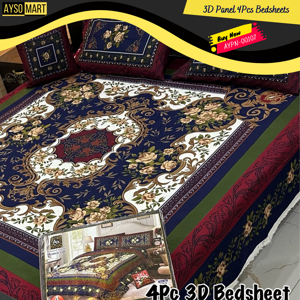 4Pcs 3D Panel Bedsheet Luxury King Size Bedsheets AYPN-00107