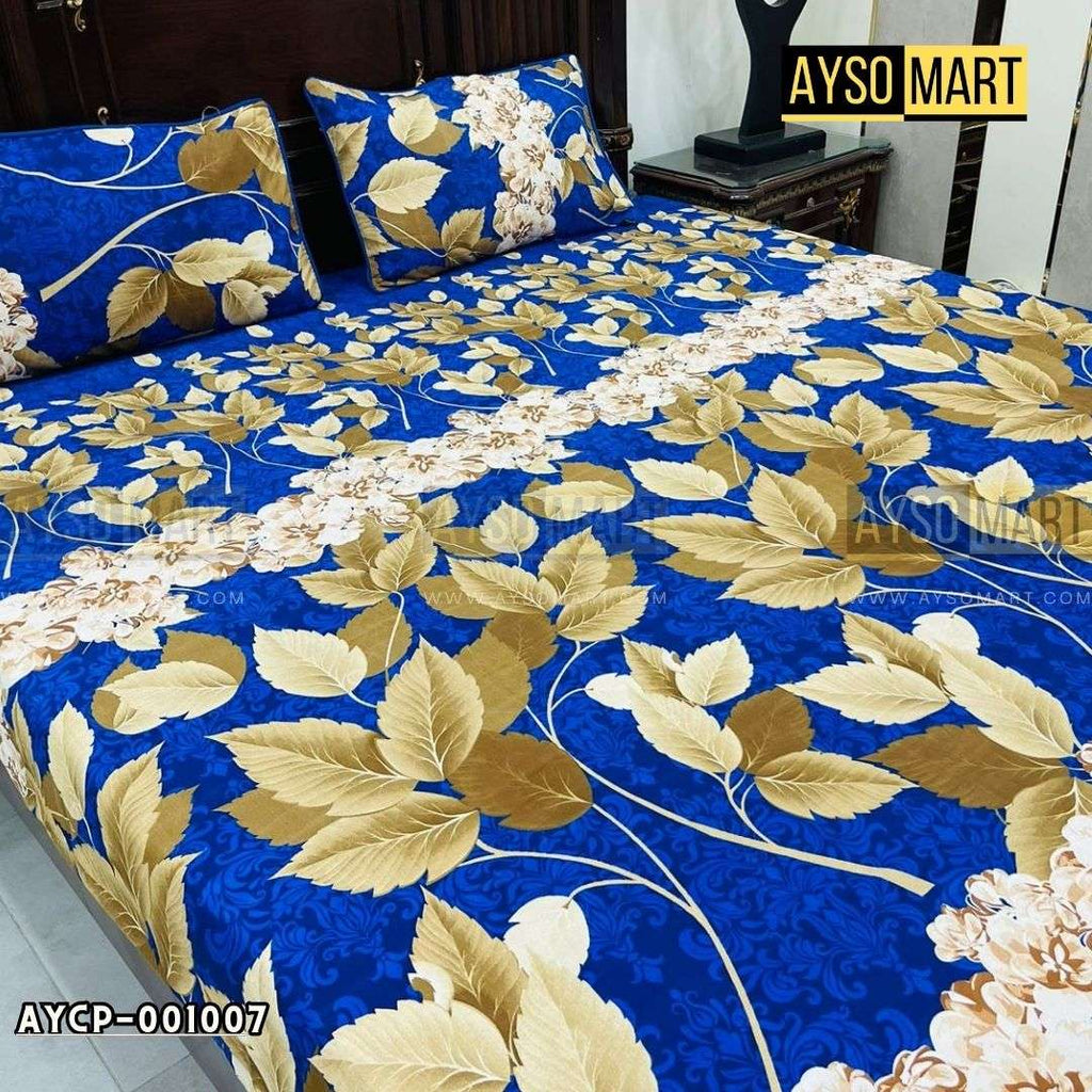 Blue Gold Leaf 3D Crystal Cotton Plus Bedsheet AYCP-001007