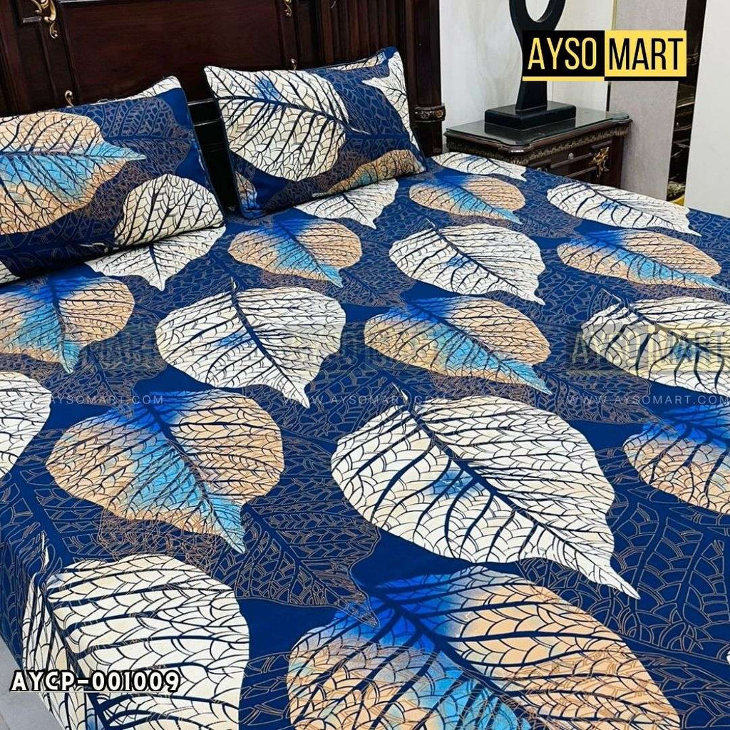 Blue Big Leaf 3D Crystal Cotton Plus Bedsheet AYCP-001009