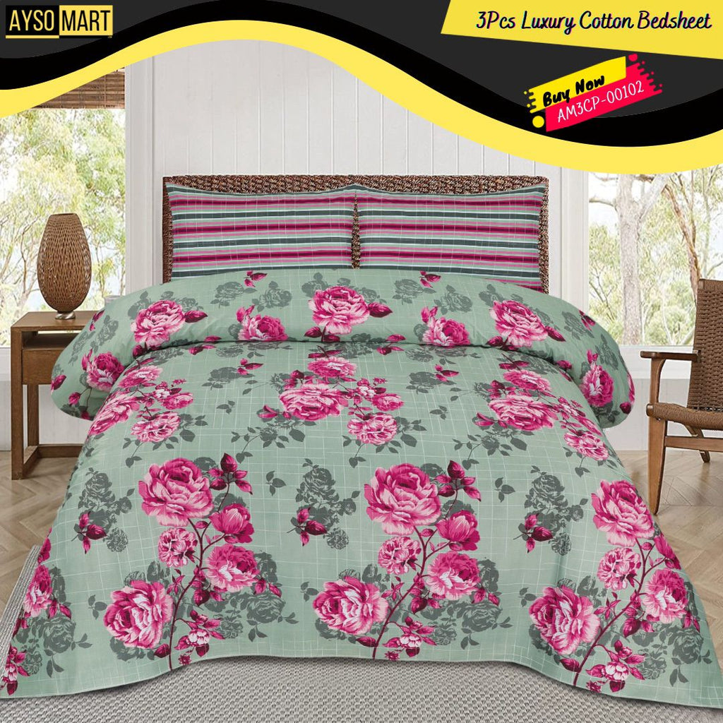 Pink Roses 3Pcs Luxury Cotton Bedsheets AY3CP-00102
