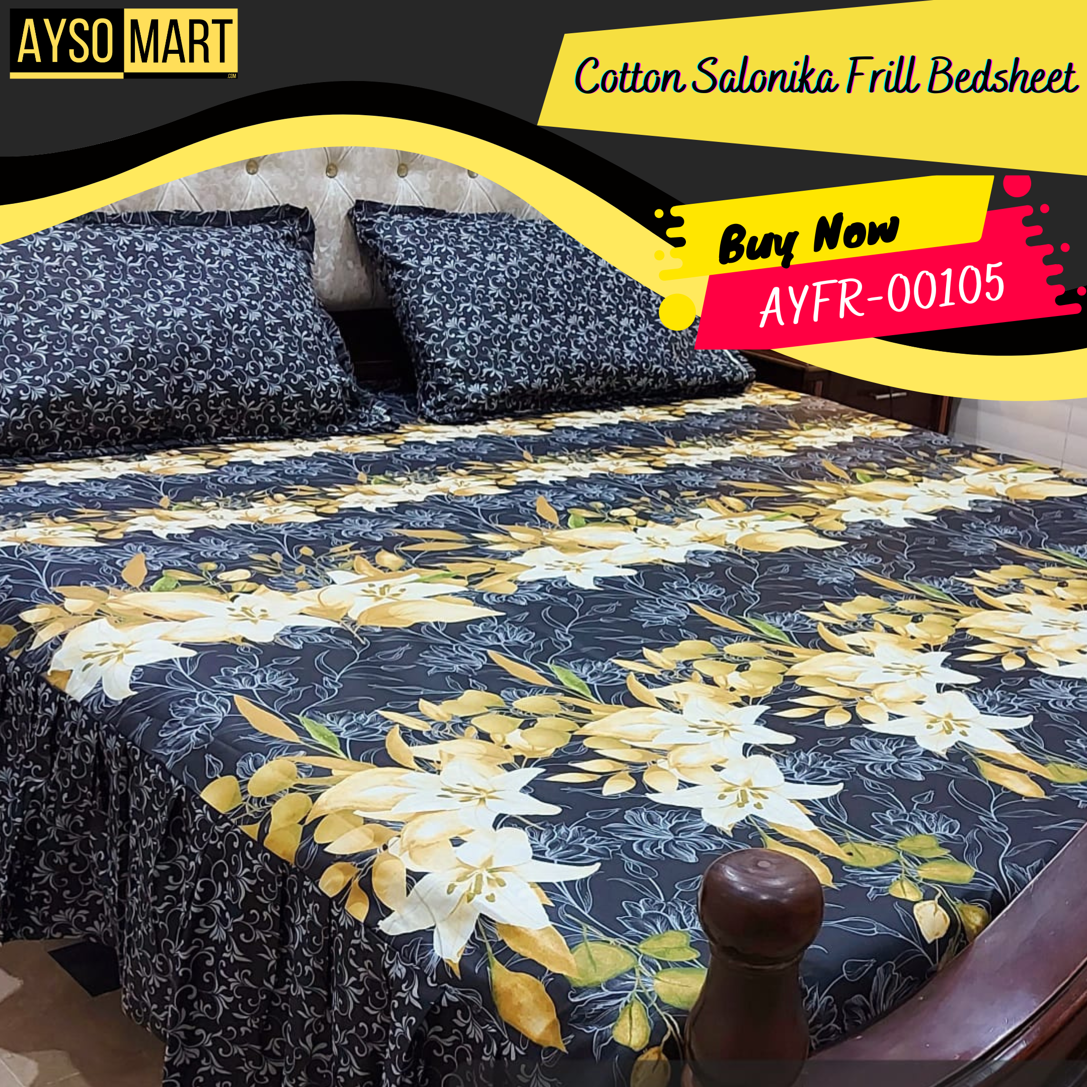 Luxury Cotton Salonica Double Bed Frill Bedsheet AYFR-00105